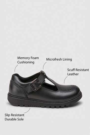 Black Leather Chunky T-Bar Shoes