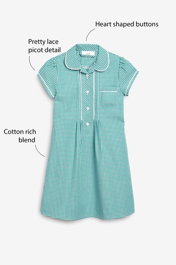 Green Button Front Lace Gingham School Dress (3-16yrs)