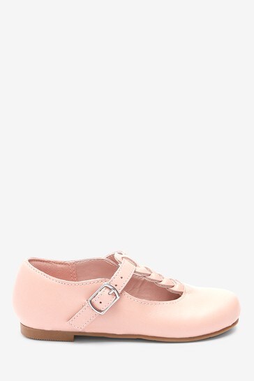 Pink Leather Plait T-Bar Shoes