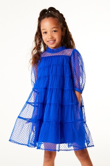 Cobalt Blue Tiered Mesh Dress (3-16yrs)