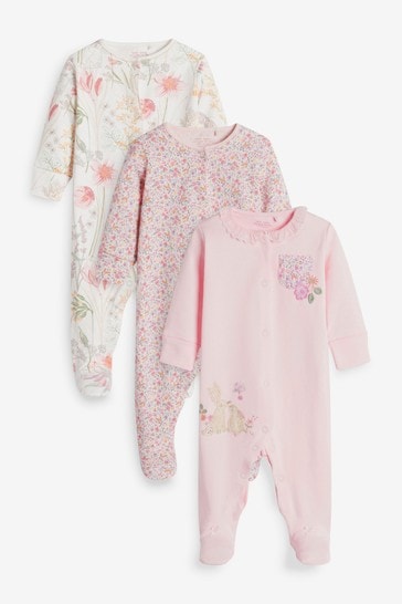 Pink Bunny 3 Pack Embroidered Detail Baby Sleepsuits (0-3yrs)
