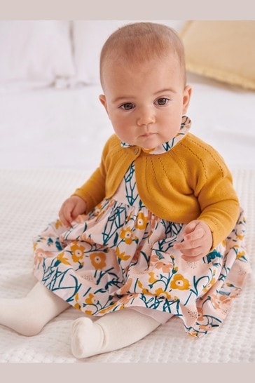 Ochre Yellow Baby Prom Dress, Cardigan And Tights Set (0mths-2yrs)