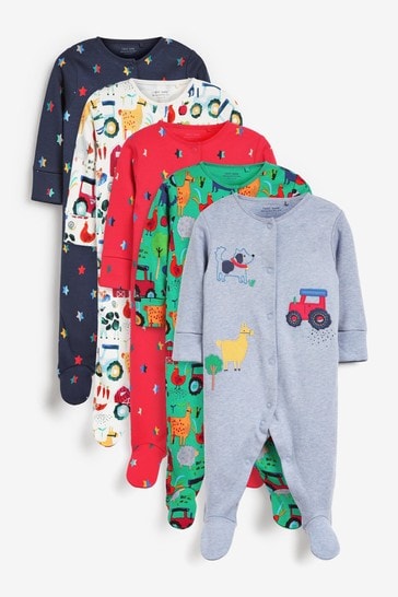 Farmyard Character Blue/Multi 5 Pack Baby Sleepsuits (0-2yrs)