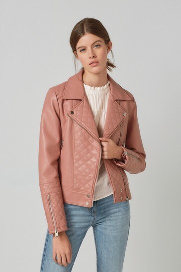 Pink Faux Leather Quilted Biker Jacket, Pink Faux Leather
