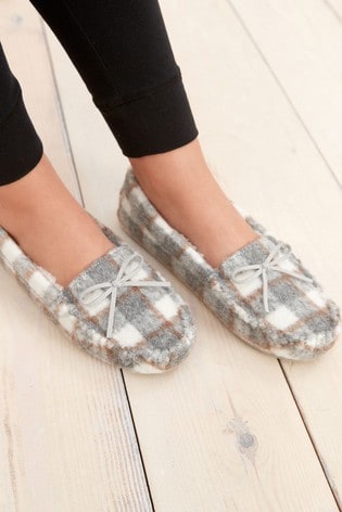 checked moccasin slippers