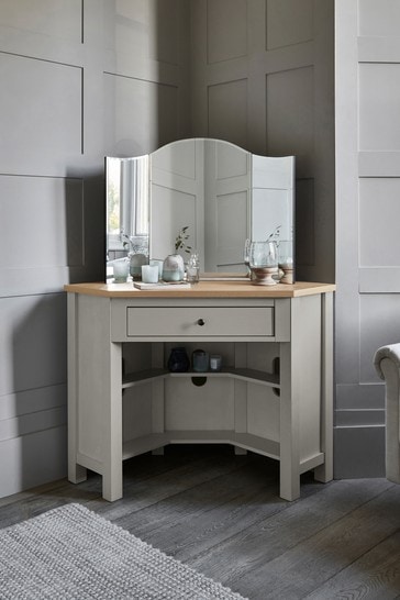 Malvern Dove Grey Corner Dressing Table, Corner Vanity Table With Mirror