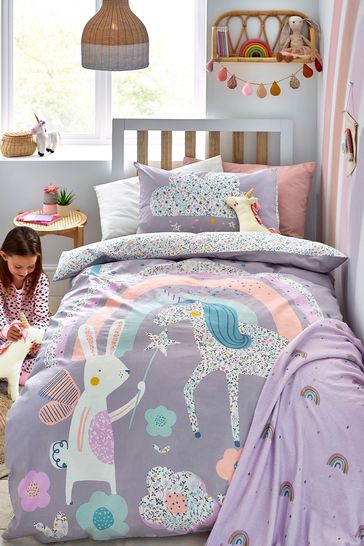 Purple Kids 100% Cotton Ditsy Unicorn Reversible Duvet Cover And Pillowcase Set