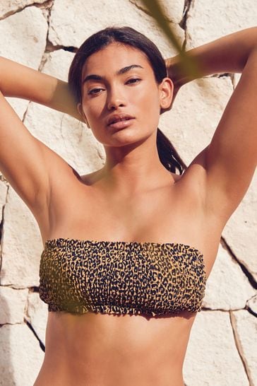 Leopard Print Bandeau Top Shirred Bikini