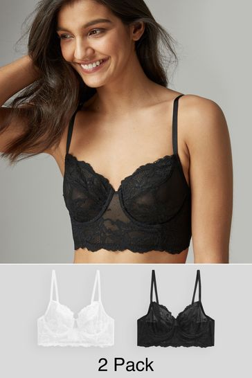 Black/White Non Pad Lace Full Cup Longline Bras 2 Pack