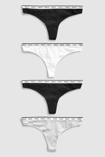 White//Grey/Black Thong Cotton Rich Logo Knickers 4 Pack