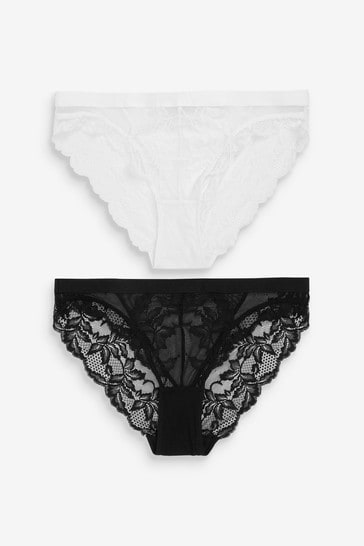 Black/White High Leg Lace Knickers 2 Pack