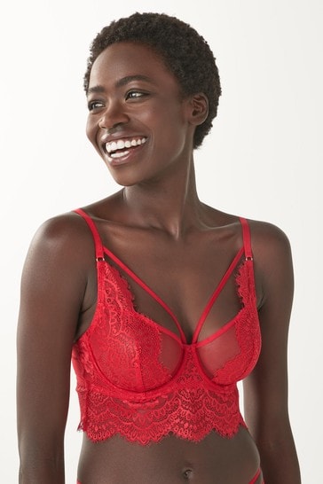 Red Non Pad Balcony Glamour Lace Wired Strappy Bra