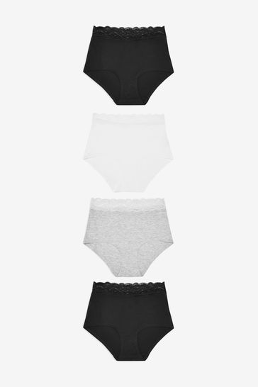 White/Black/Grey Full Brief Cotton and Lace Knickers 4 Pack