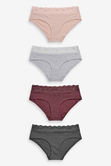 Grey Marl/Pink/Plum Short Cotton and Lace Knickers 4 Pack
