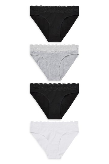 White/Black/Grey Bikini Cotton and Lace Knickers 4 Pack