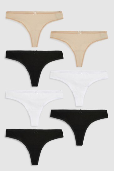 Black/White/Nude Thong Cotton Rich Knickers 7 Pack