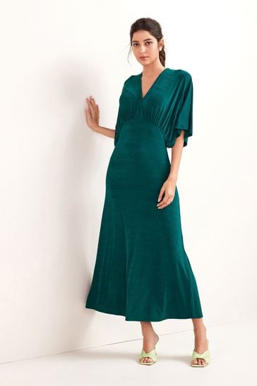 Buy Dark Green Volume Sleeve Midi Dress ...