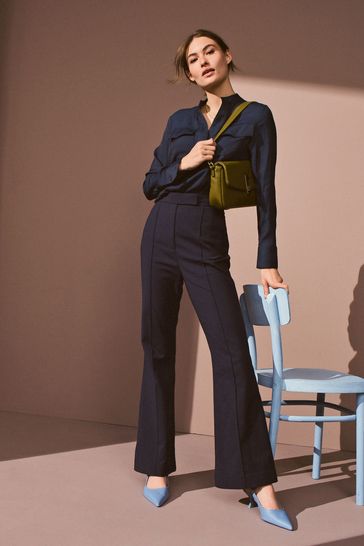 Navy Blue Smart Stretch Flare Trousers