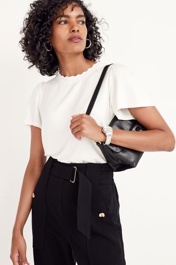 Buy Cream Scallop Neck Short Sleeve T