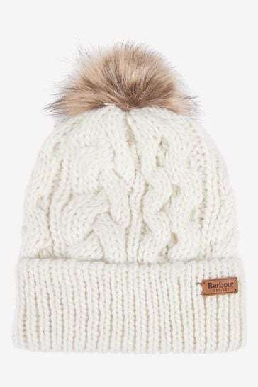Barbour® White Penshaw Cable Knit Faux Fur Pom Bobble hat