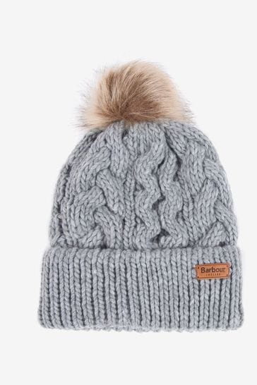 Buy Barbour® Grey Penshaw Cable Knit Faux Fur Pom Bobble hat from the ...