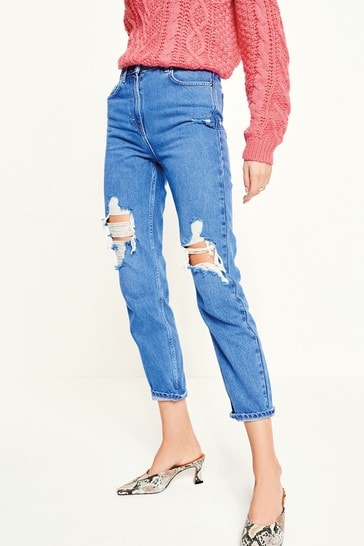 Bright Blue Ripped Mom Jeans