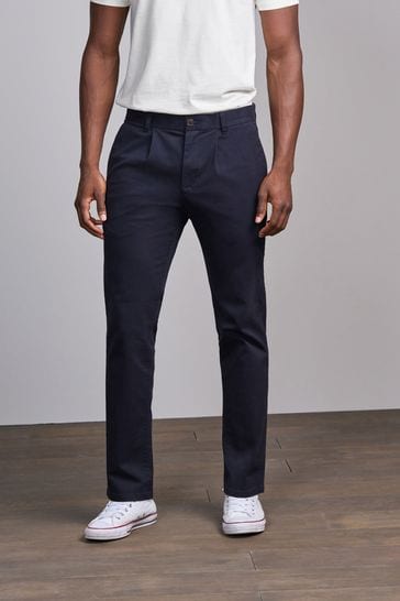 Navy Blue Single Pleat Slim Fit Stretch Chino Trousers