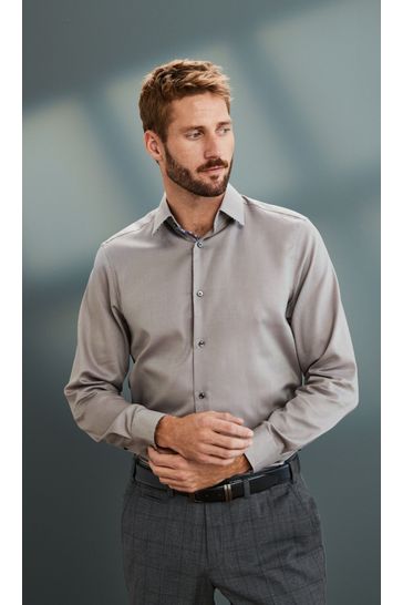 Brown Neutral Regular Fit Single Cuff Signature Shirt With Geometric Trim