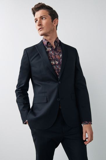 Black Slim Fit Motion Flex Stretch Wool Blend Suit: Jacket
