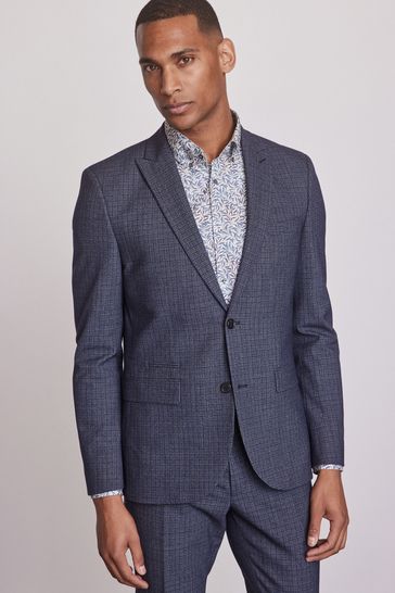 Blue Skinny Fit Wool Blend Check Suit: Jacket