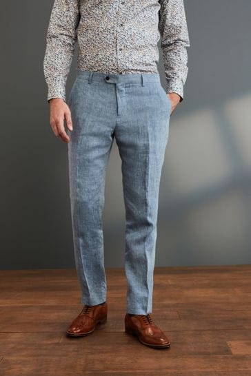 Blue Slim Fit Signature Nova Fides 100% Linen Suit: Trousers
