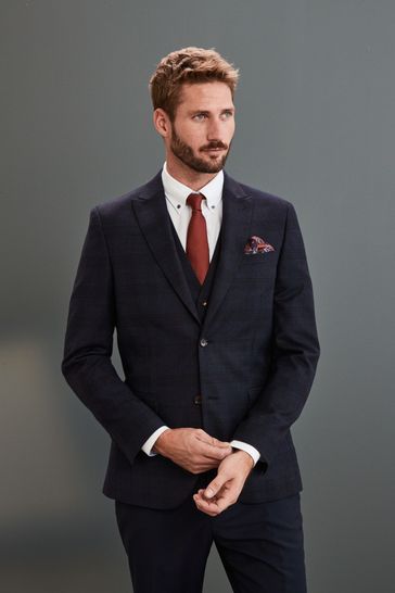 Navy Check Tailored Fit Signature Angelico Fabric Slim Fit Suit: Jacket