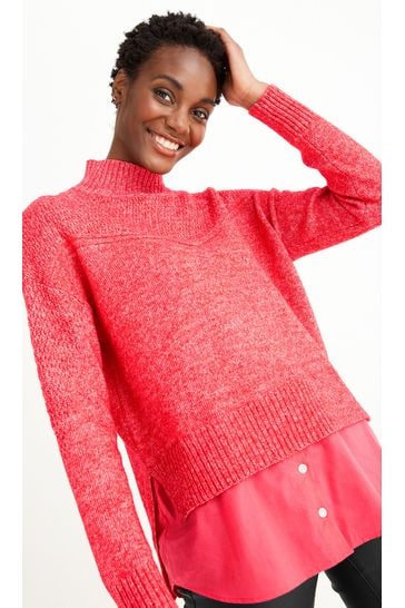 Red High Neck Shirt Hem Layer Jumper