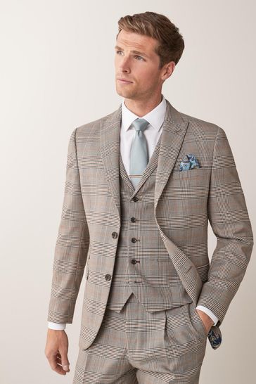 Taupe Slim Fit Check Suit: Jacket