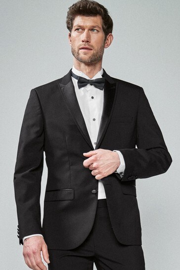 Black Tailored Fit Tuxedo Suit: Jacket