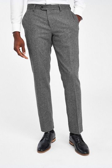 Grey Tailored Fit Nova Fides Wool Blend Herringbone Suit Trousers