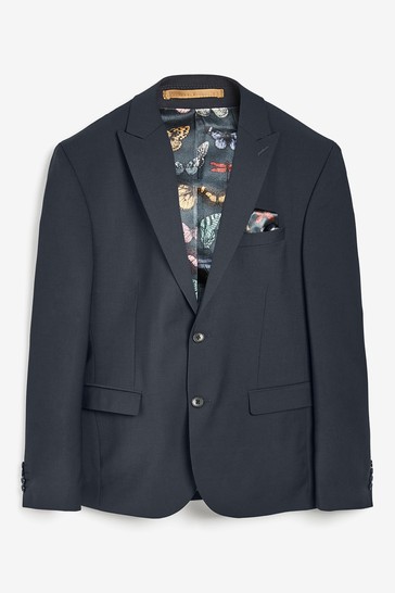 Navy Blue Skinny Fit Wool Blend Motionflex Suit: Jacket
