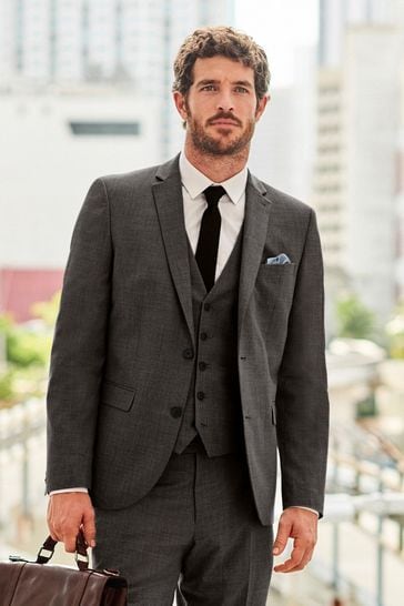 Charcoal Grey Tailored Fit Wool Mix Textured Suit: Jacket