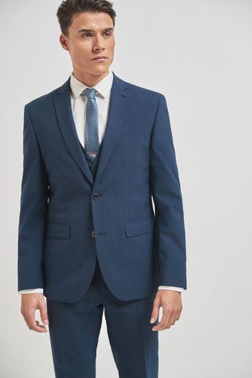 Bright Blue Tailored Fit Wool Mix Textured Suit: Jacket