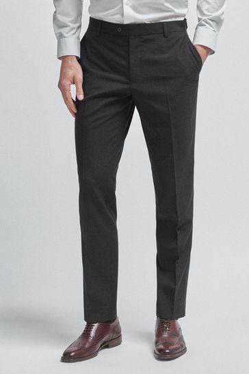 Black Tailored Fit Wool Mix Textured Suit: Trousers