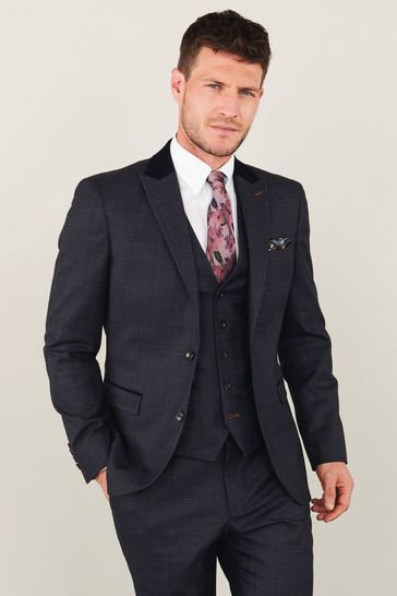 Navy Blue Slim Fit Trimmed Check Suit: Jacket