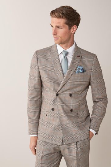 Buy Taupe Double Breasted Slim Fit Check Suit Jacket from Next