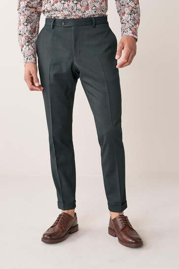 Green Slim Fit Herringbone Suit: Trousers