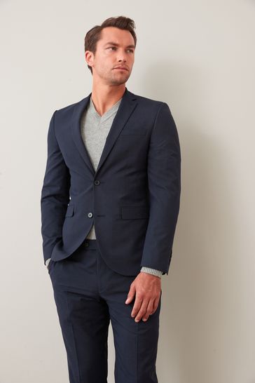 Navy Blue Slim Fit Wool Mix Textured Suit: Jacket