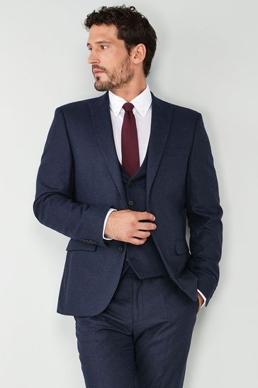 Navy Blue Slim Fit Wool Blend Donegal Suit: Jacket