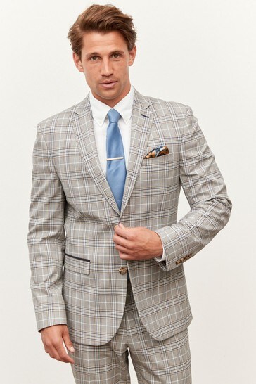 Taupe Brown Check Slim Fit Suit: Jacket