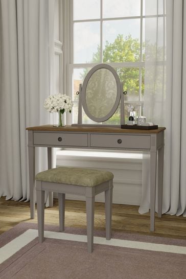 Pale French Grey Eleanor Two Drawer Dressing Table Stool And Mirror Set