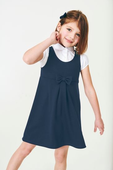 Navy Jersey Stretch Bow School Pinafore (3-16yrs)