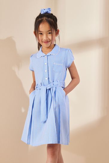 Blue Cotton Rich Belted Gingham School Dress With Scrunchie (3-14yrs)