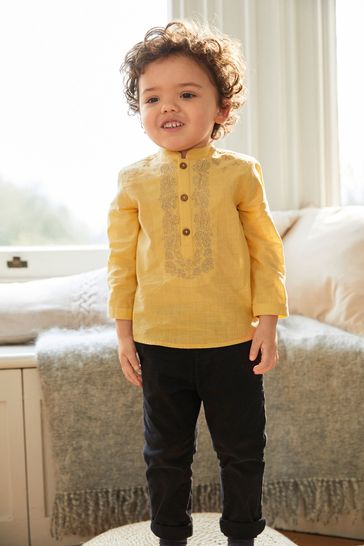 Yellow Shirt Length Embroidered Kurta (3mths-7yrs)